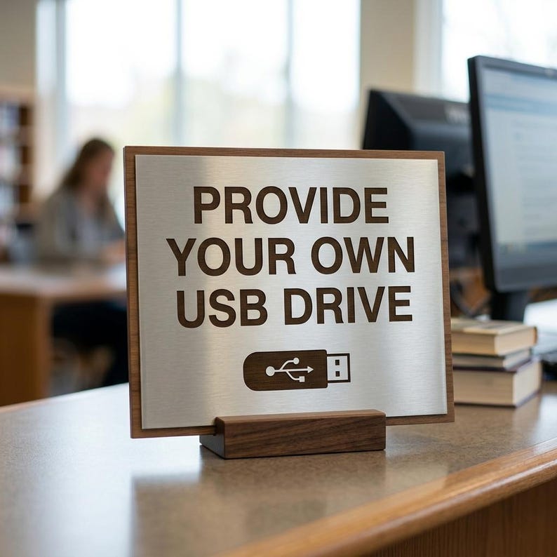 May include: A rectangular sign with a silver metal face and a dark wood border, held upright by a matching wood base. The sign features the dark brown text "PROVIDE YOUR OWN USB DRIVE" above a graphic icon of a USB flash drive with a connector symbol.