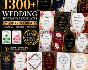 1300 Wedding Invitation Templates Bundle CDR & JPG | Editable CorelDRAW Invitation Collection | Printable Wedding Design Pack