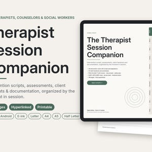 Op de afbeelding: Een digitale planner getiteld The Therapist Session Companion voor therapeuten, counselors en maatschappelijk werkers. Het bevat 106 gehyperlinkte pagina's, interventiescripts, beoordelingen en cliënt-handouts voor iPad, Android en E-ink tablets.