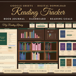 May include: A digital Google Sheets reading tracker dashboard with a dark brown background. It features sections for a book journal, reading goals, a virtual bookshelf, monthly reading charts, and a reading log with text labels in gold and white.