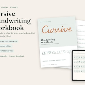 Op de afbeelding: Een werkboek voor cursief handschrift met 80 pagina's aan oefenbladen voor het overtrekken en schrijven van letters. De set bevat printbare documenten en een digitale versie op een tabletscherm met kleine letters en alfabetgidsen.