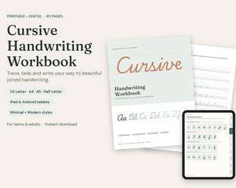 Caderno de exercícios de caligrafia cursiva para adultos e adolescentes, versão para imprimir e digital (GoodNotes), tamanhos A4 e A5, com exercícios de traçado e apagamento.