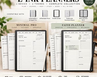 2027-2028 E Ink Digital Planner Bundle 2 Themes for One Device | Kindle Scribe reMarkable Supernote, BOOX Kobo Adobe Dated Hyperlinked PDFs