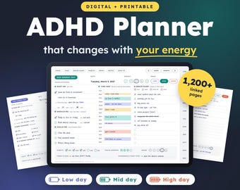 ADHD Planner Digital & Printable, Energy Daily Planner, Neurodivergent Adults, Undated and 2027 GoodNotes Hyperlinked, Brain Dump To Do List