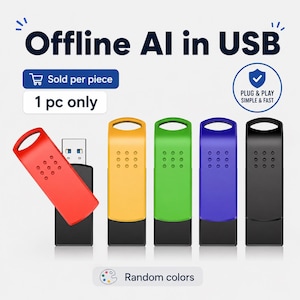May include: A collection of USB flash drives featuring a rectangular body with a rounded top loop and a grid of nine small circular indentations. The drives are available in red, yellow, green, blue, and black. Text reads Offline AI in USB.