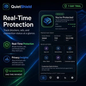May include: A digital interface for QuietShield software displaying real-time protection status, tracker and ad blocking statistics, and quick action buttons. The dark-themed dashboard shows a connected VPN status, 3444 trackers blocked, and 55.5 MB data saved.