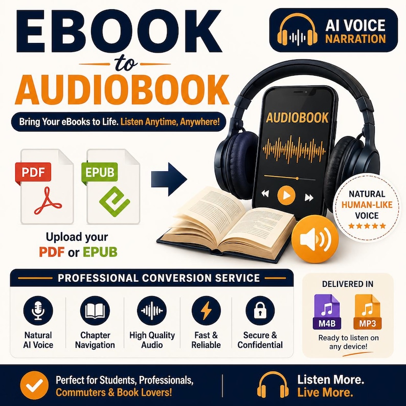 May include: A digital service graphic titled EBOOK to AUDIOBOOK featuring a smartphone with headphones, an open book, and icons for PDF and EPUB files. The text includes AI VOICE NARRATION, PROFESSIONAL CONVERSION SERVICE, and delivery in M4B and MP3 formats.