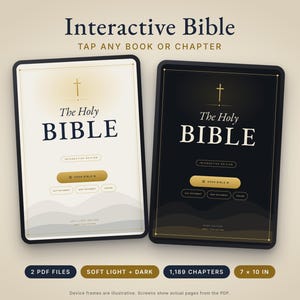 May include: Two digital tablets displaying an Interactive Bible with light and dark themes. Each screen features the text The Holy Bible, a cross icon, and navigation buttons for Old Testament, New Testament, and Psalms. Includes 2 PDF files, 1,189 chapters, and 7 x 10 inch dimensions.