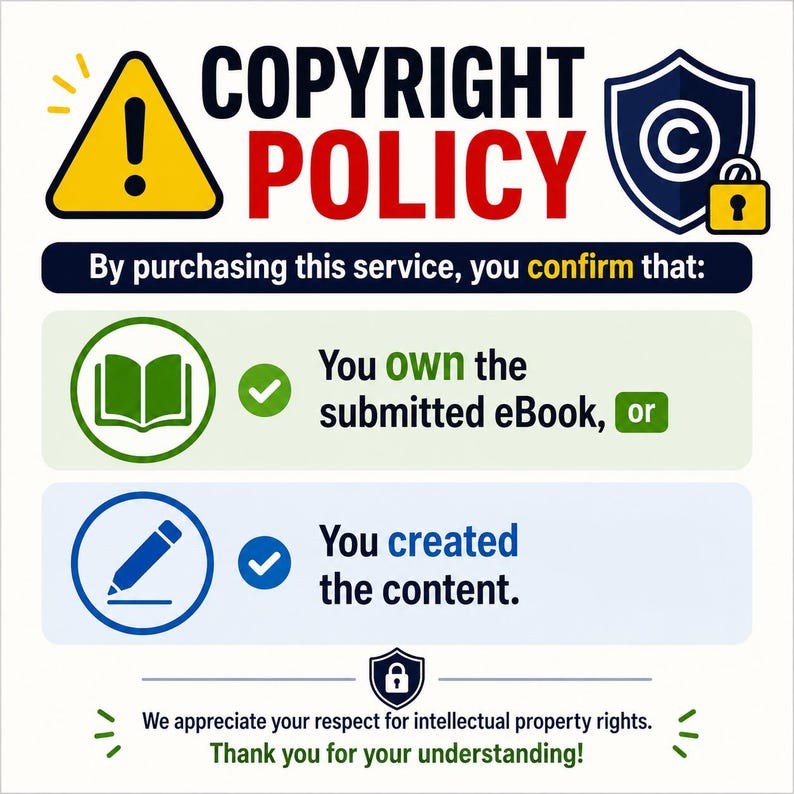 May include: A copyright policy graphic featuring a yellow warning triangle, a blue shield with a copyright symbol, and a yellow padlock. It states: By purchasing this service, you confirm that: You own the submitted eBook, or You created the content.