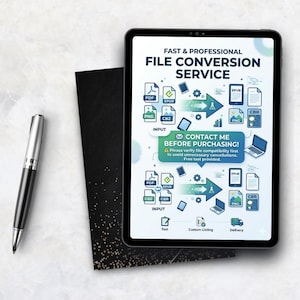 May include: A tablet displaying a Fast & Professional File Conversion Service graphic with icons for PDF, EPUB, PNG, and CBZ files, including a text box stating Contact Me Before Purchasing and a silver and black ballpoint pen resting nearby.