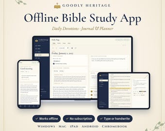 Aplicativo digital para estudo bíblico, diário bíblico, devocional diário, planejador cristão, diário de orações e sermões, offline em tablets, Macs, Windows e iPads. Acesso vitalício.