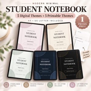 Pode incluir: Um conjunto de cadernos digitais para estudantes com cinco temas de cores: dusty mauve, latte sandstone, sage mist, midnight navy e obsidian amoled. Inclui tamanhos A4 e carta dos EUA, 120 modelos, 12 disciplinas e versões imprimíveis.