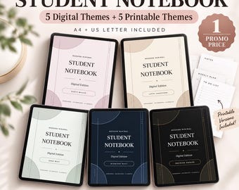 Digital Student Notebook Bundle | 5 Hyperlinked + 5 Printable Themes | 120 Templates | A4 & US Letter | Goodnotes Study Notes PDF for iPad