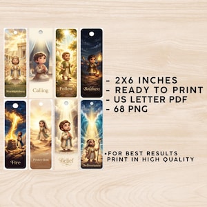May include: A set of eight rectangular bookmarks featuring illustrated biblical figures with text labels including Worshipfulness, Calling, Follow, Boldness, Fire, Protection, Belief, and Deliverance. The text states 2X6 INCHES, READY TO PRINT, US LETTER PDF, 68 PNG.