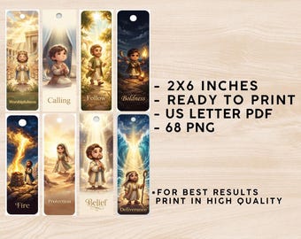 68 Bible Character Bookmarks Transparent PNG Bundle | 2x6 Printable Christian Watercolor Chibi Bookmarks | 300 DPI + Letter PDF Gift Set