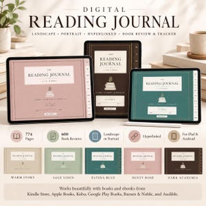 May include: A digital reading journal displayed on three tablets in dusty rose, dark brown, and teal. The screen shows the text The Reading Journal, A Life in Books, and Ex Libris. Below are five color options: warm ivory, sage linen, patina blue, dusty rose, and dark academia.