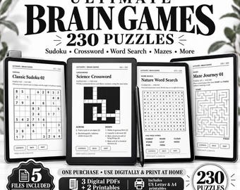 230 Puzzle Book PDF | 300 Pages of Sudoku Crosswords Word Search Mazes Kindle Scribe reMarkable iPad ADHD | Printable US Letter A4