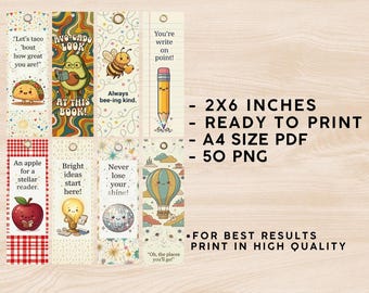50 Printable Bookmarks Bundle Cute Character Digital Download Motivational Quotes Kids Reading Aesthetic Gift Bulk PDF | Bible Book Journal