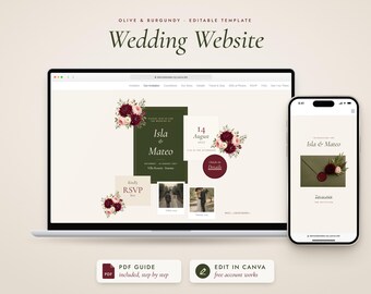 Wedding Website Template Canva, Olive Green Burgundy Wedding Site, RSVP Website, Mobile Friendly, Editable Digital Invitation, Guest Tracker