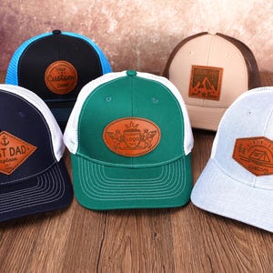 Leatherette Trucker Hat, Custom Leather Patch Hat, Personalized Bulk Hats, Custom Logo Hat, Business merch, Gift, Holiday, wedding, Birthday