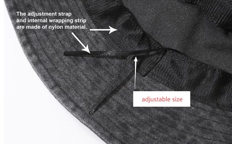 K&ouml;nnte beinhalten: Das Innere eines dunkelgrauen Fischerhuts mit einem schwarzen Nylon-Verstellriemen und einem inneren Wickelstreifen. Der Text auf dem Bild lautet: The adjustment strap and internal wrapping strip are made of nylon material. und adjustable size.