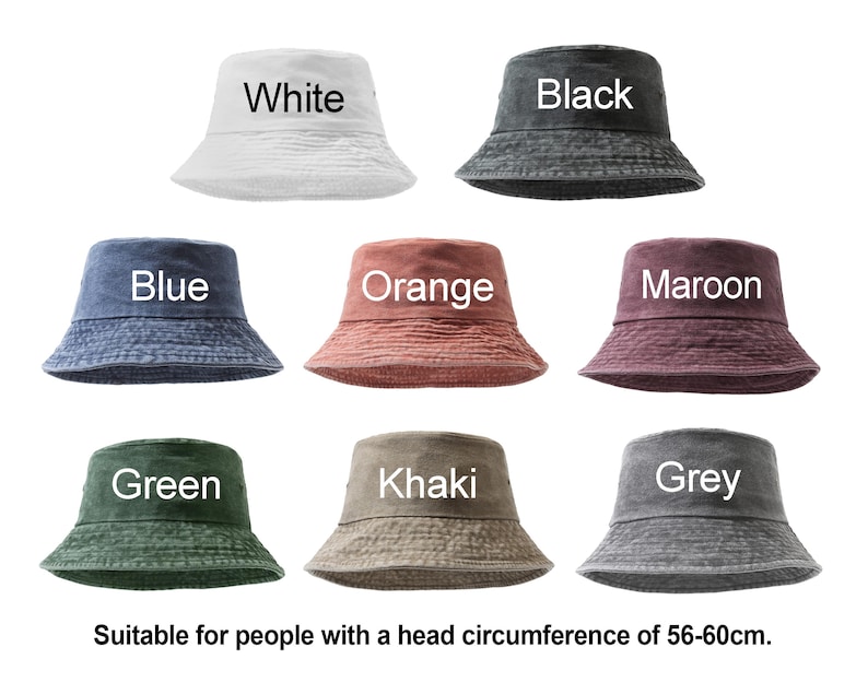 K&ouml;nnte beinhalten: Eine Kollektion von acht Fischerh&uuml;ten in Wei&szlig;, Schwarz, Blau, Orange, Kastanienbraun, Gr&uuml;n, Khaki und Grau. Jeder Hut hat eine breite Krempe und eine flache Krone. Textbeschriftungen benennen die Farben. Passend f&uuml;r einen Kopfumfang von 56-60 cm.