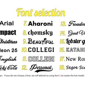 K&ouml;nnte beinhalten: Eine Schriftart-Auswahltabelle mit achtzehn nummerierten Stilen in schwarzem Text auf wei&szlig;em Hintergrund. Die &Uuml;berschrift lautet Font selection in Gelb. Die Liste enth&auml;lt Arial, Impact, Christmas, Neon 25, English, Loki Cola, Aharoni, chomsky, BEAUTIFUL, COLLEGI, COLLEGI, Personal, Froadmile, Great Vibes, Lobster good, KATAHDIN, New Roman und Segoe Script. Ein Hinweis unten besagt: ps: If you do not choose a font, we will default to using font 1 to create the hat model.