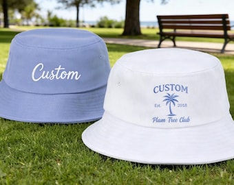 Bestickter Eimer Hut, Benutzerdefinierter Text Logo Eimer Hut, personalisierter großer Hut, personalisierter Frauenhut Bachelorette Geschenk für Papa Mama