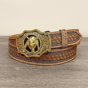 Men’s Western Leather Belt – Cowboy Rodeo Style with Bull Buckle, Full Grain, Removable Buckle