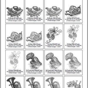 Dritte Katalogseite mit Motiven wie Brotzeitbrett, Haxe, Hopfen, Trachtenhut, Tuba und Weißwurst samt technischen Angaben.

Third catalog page displaying motifs like snack board, pork knuckle, hops, alpine hat, tuba, and white sausage.