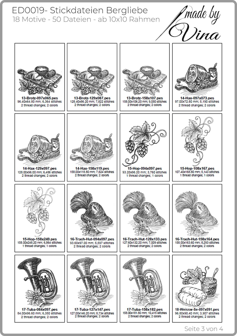 Dritte Katalogseite mit Motiven wie Brotzeitbrett, Haxe, Hopfen, Trachtenhut, Tuba und Weißwurst samt technischen Angaben.

Third catalog page displaying motifs like snack board, pork knuckle, hops, alpine hat, tuba, and white sausage.