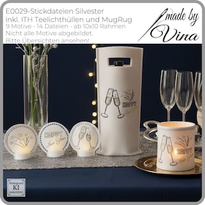 May include: A collection of New Year's Eve decorations, including a wine bottle holder, candle holders, and tea light covers. The items are white with gold and black accents, featuring champagne glasses and the text "Happy New Year."