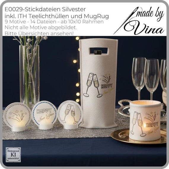 Stickdateien Silvester Shabby Stil inkl ITH Teelichthüllen MugRug Happy New Year Maschinenstickerei