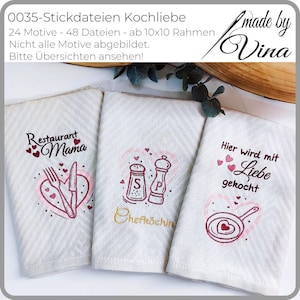 Puede incluir: Tres paños de cocina blancos con diseños bordados. Uno dice "Restaurant Mama" con un tenedor y un cuchillo, otro tiene saleros y pimenteros con "Chefköchin", y el último dice "Hier wird mit Liebe gekocht" con una sartén.