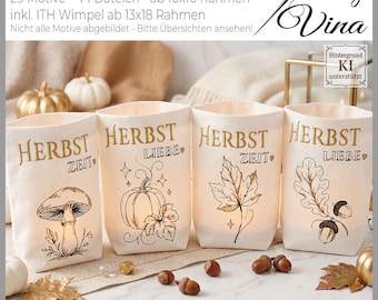 Puede incluir: Cuatro luminarias de tela color hueso con ilustraciones doradas de temática otoñal y texto en alemán. Los diseños incluyen un hongo, una calabaza, una hoja de arce y bellotas con las frases Herbst Zeit y Herbst Liebe. Texto superior: 0073-Stickdateien elegant Autumn.