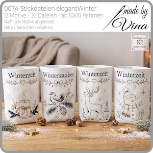 Könnte beinhalten: Vier weiße Stoffbeutel mit schwarzen und goldenen Stickereien im Winterdesign. Die Beutel zeigen die Schriftzüge Winterzeit und Winterzauber sowie Illustrationen einer Kerze, eines Vogels auf einem Zweig, eines Hirsches und eines Schneemanns.
