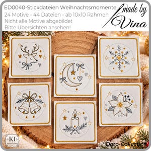 May include: Five square fabric patches featuring machine embroidery designs of a reindeer, a crescent moon, a snowflake, bells, and a candle. Each patch has a gold border and includes text at the top: ED0040-Stickdateien Weihnachtsmomente.