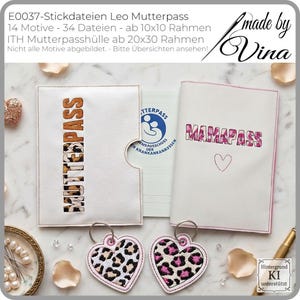 May include: White Mutterpass cover with the word "MUTTERPASS" in a leopard print design. A second cover has the word "MAMAPASS" in pink and leopard print. Two heart-shaped keychains with leopard print and pink trim are also shown.