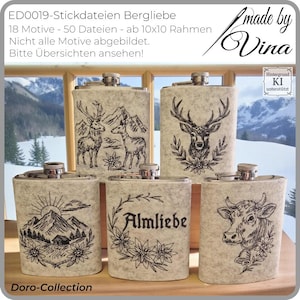 May include: A collection of stainless steel flasks with various mountain-themed designs. Each flask features a different black and white illustration, including deer, mountains, and floral accents. The text "Almliebe" is also featured on one of the flasks.