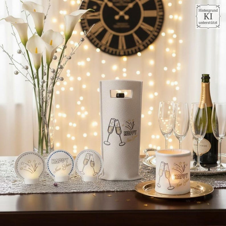Puede incluir: Una decoraci&oacute;n festiva de Nochevieja con una botella de champ&aacute;n, copas y un portabotellas de vino. El soporte y el portavelas est&aacute;n decorados con copas de champ&aacute;n y la palabra "Happy". Los lirios blancos y las luces de hadas a&ntilde;aden ambiente festivo.