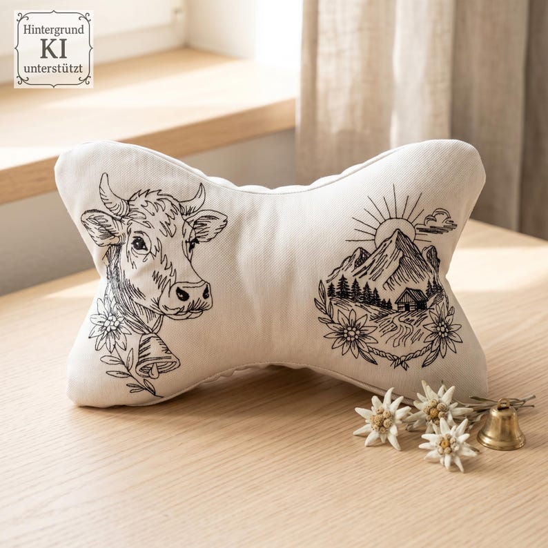 Knochenförmiges Nackenkissen mit gesticktem Kuh-Porträt und Berghütten-Motiv auf einem Holztisch.

Bone-shaped neck pillow with embroidered cow portrait and mountain cabin design on a wooden table.