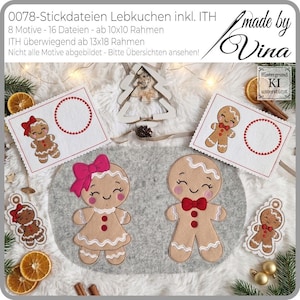 以下が含まれることがあります： 0078-Stickdateien Lebkuchen inkl. ITH made by Vinaというテキストが記載されたジンジャーブレッドキャラクターの刺繍デザインファイル。赤いリボンや蝶ネクタイ、白いアイシングのディテールが施された様々なジンジャーブレッドの図案が、白とグレーのフェルト地に配置されています。