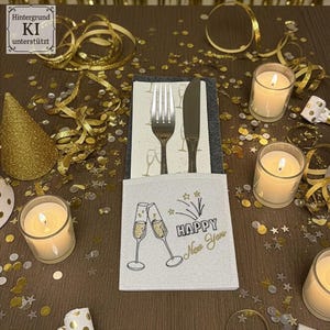 Puede incluir: Una decoraci&oacute;n de mesa de A&ntilde;o Nuevo con un servilletero blanco con copas de champ&aacute;n y las palabras "Happy New Year". El conjunto incluye tenedor y cuchillo, velas, confeti dorado y serpentinas.