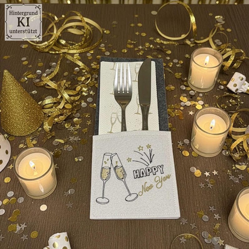 Puede incluir: Una decoraci&oacute;n de mesa de A&ntilde;o Nuevo con un servilletero blanco con copas de champ&aacute;n y las palabras "Happy New Year". El conjunto incluye tenedor y cuchillo, velas, confeti dorado y serpentinas.