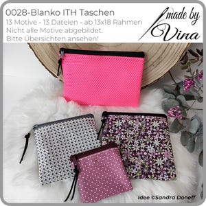 Könnte beinhalten: Eine Auswahl kleiner Reißverschlusstaschen in verschiedenen Farben und Mustern. Eine Tasche ist leuchtend pink, eine andere hat ein geometrisches Design und eine dritte einen Blumendruck. Die Taschen werden auf einer weißen, flauschigen Oberfläche präsentiert.
