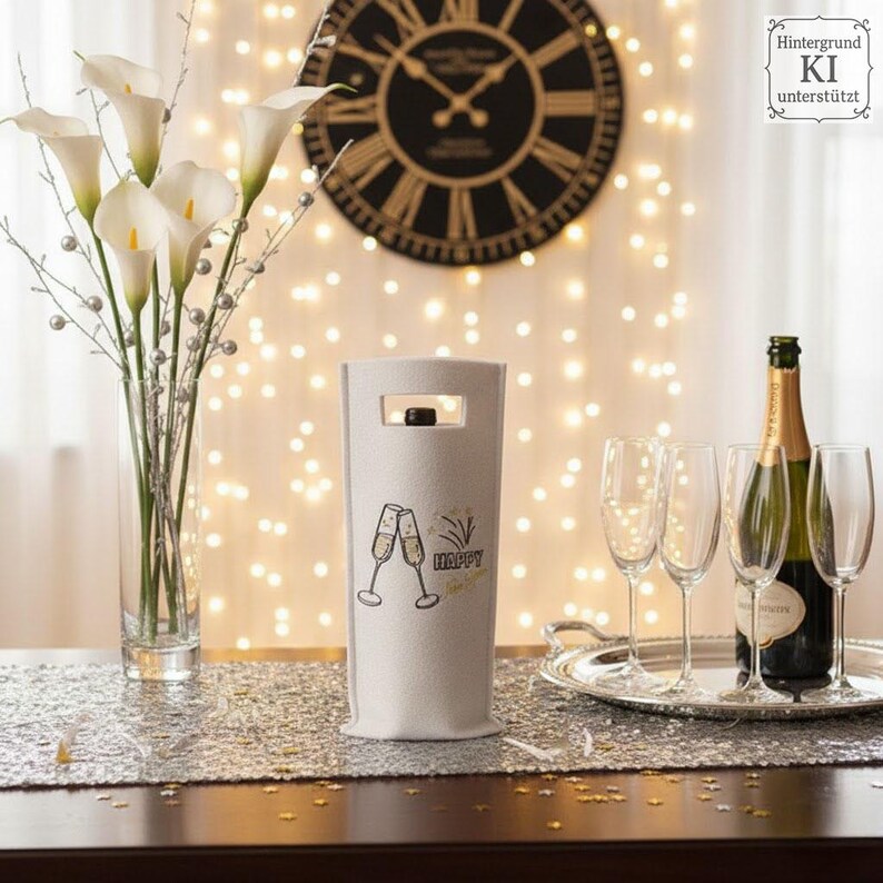 Puede incluir: Un portabotellas de vino blanco con un asa recortada y un gr&aacute;fico de dos copas de champ&aacute;n brindando, con las palabras "Happy New Year". Una botella de champ&aacute;n y cuatro copas de champ&aacute;n est&aacute;n en una bandeja plateada.