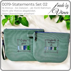 Könnte beinhalten: Zwei teal-farbene Reißverschlusstaschen mit blauen Verzierungen. Eine Tasche hat "Enjoy your LIFE" in Blau und Grün gestickt. Die andere hat "Einzigartig ist besser als PERFEKT" in Blau und Grün gestickt.