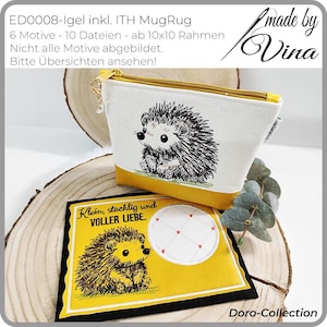 Könnte beinhalten: Ein cremefarbenes Etui mit Reißverschluss und ein gelber Untersetzer mit Igel-Stickerei. Das Etui hat einen gelben Boden und Reißverschluss, mit einem niedlichen Igel-Design. Der Untersetzer hat eine Igel-Illustration und den Text "Klein, stachlig und VOLLER LIEBE."
