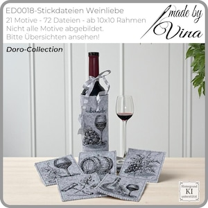 Wine Embroidery Designs Scribble Style | Weinliebe Motifs for Embroidery Machine | Wine Lover Gift fits 4x4 inch Hoop