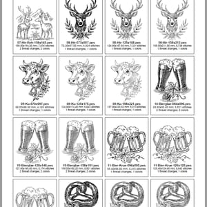 Zweite Katalogseite mit Stickmotiven von Hirsch, Kuh, Biergläsern, Bierkrügen und Brezeln samt Stichzahlen und Größen.

Second catalog page featuring embroidery designs of stag, cow, beer glasses, mugs, and pretzels with stitch counts.